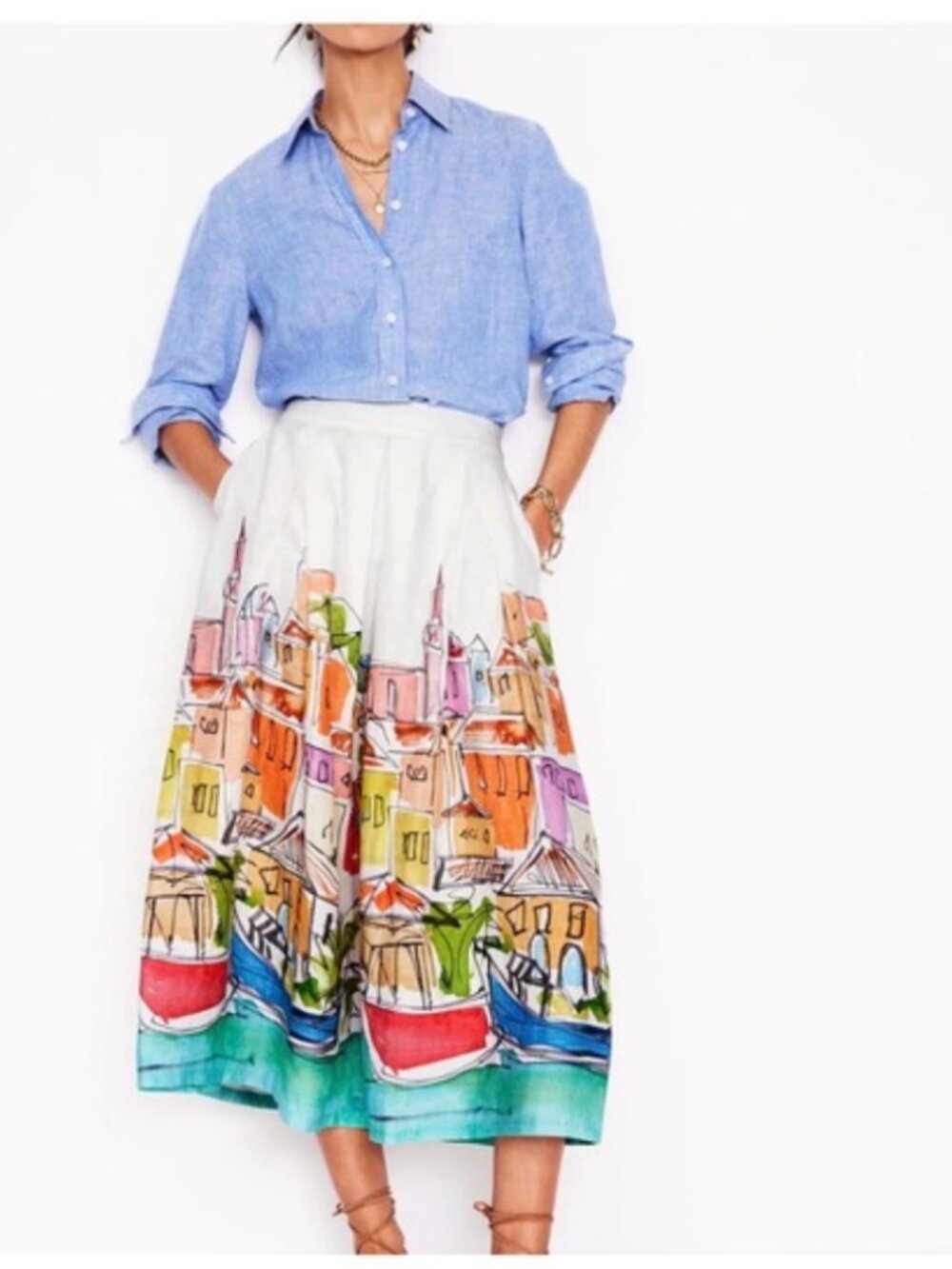 Boden Verity Linen Midi Skirt Coastal Harbor Print Size 6R Watercolor Scene
